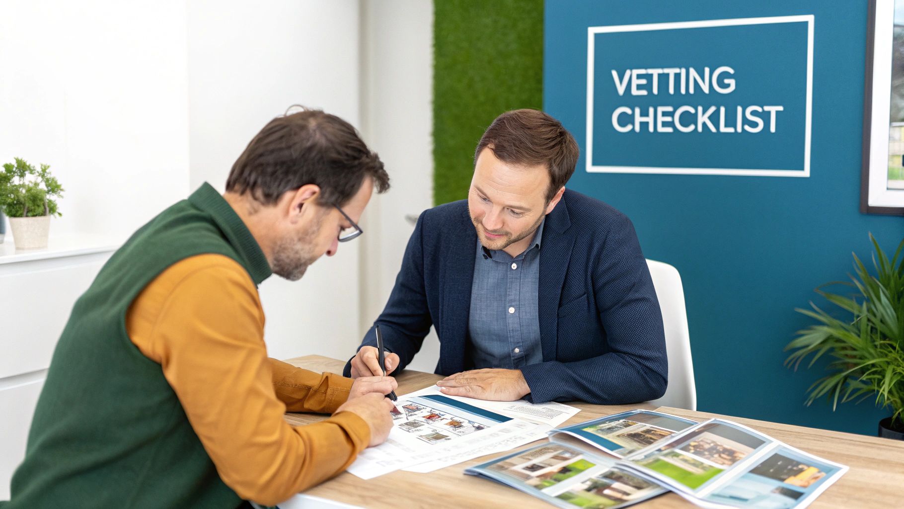 Two professional men reviewing documents and home brochures at a table, with a 'VETTING CHECKLIST' sign in the background.