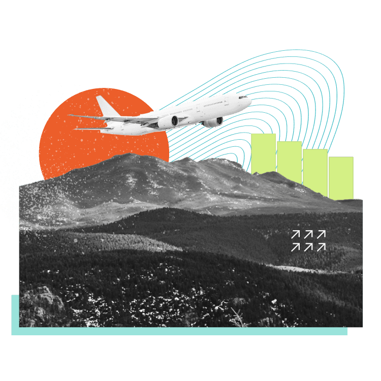 Collage-style illustration representing a plane ascending over a landscape