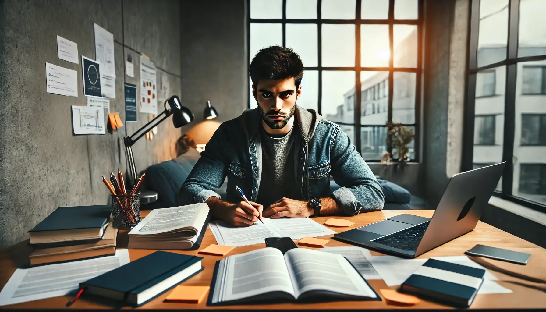 un chico intentando estudiar con mucha concentracion