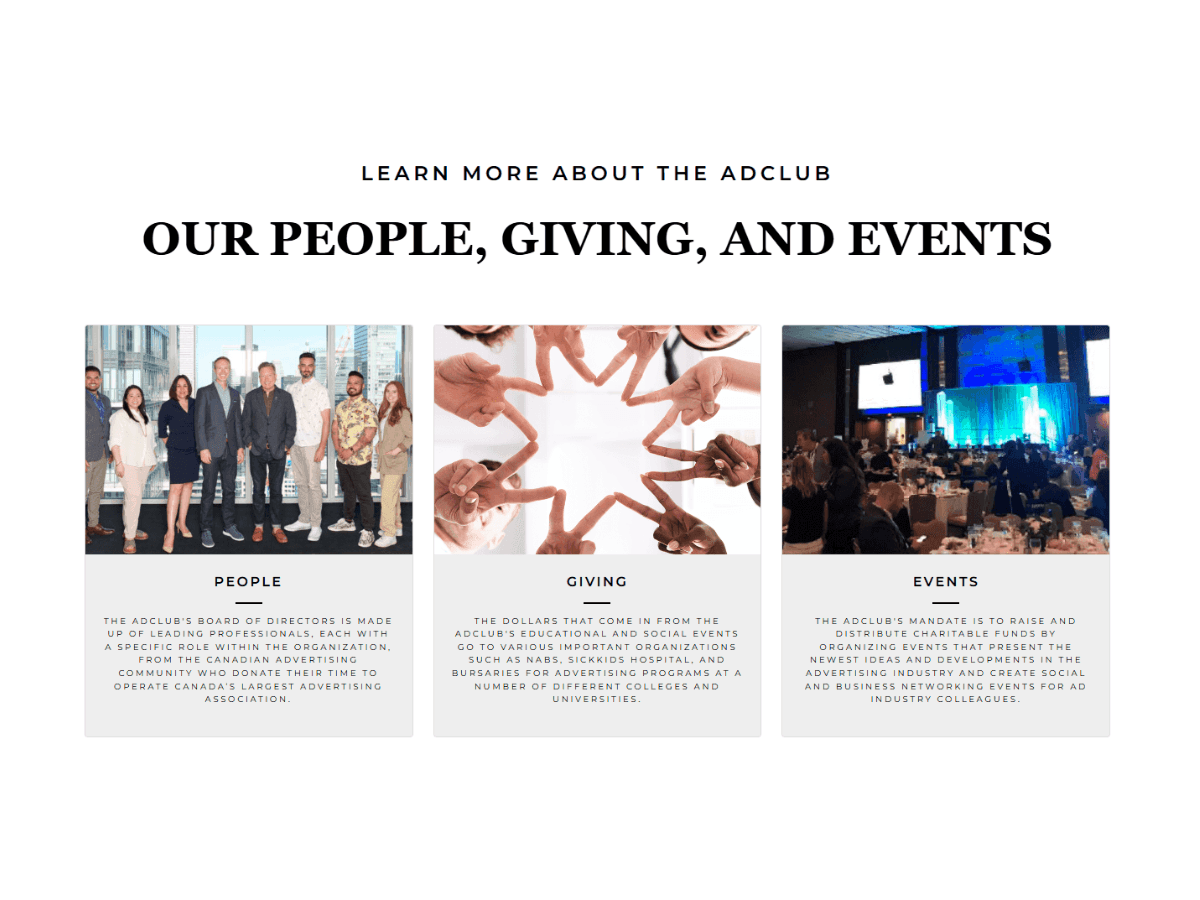 Our People, Giving, And Events page on AdClub's Old Website