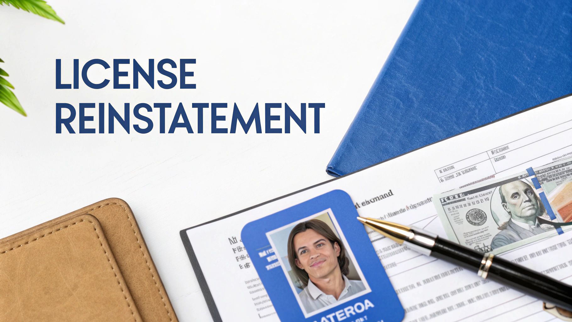 Desk with documents, ID card, money, and pen, with 'LICENSE REINSTATEMENT' text.