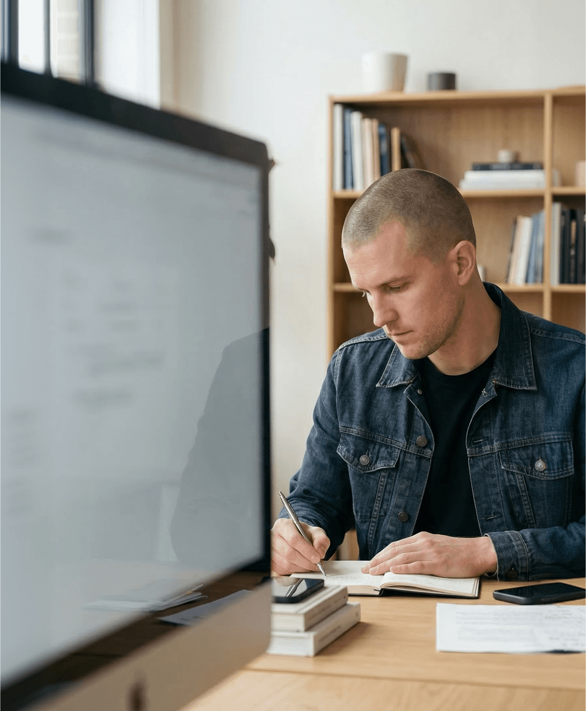 Man writing notes at a desk beside a monitor