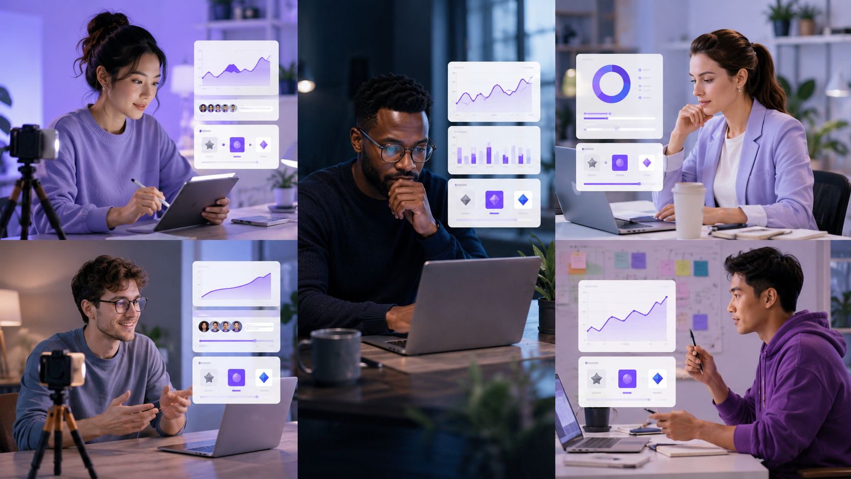 A collage showing diverse professionals working on laptops and tablets with digital data visualization overlays
