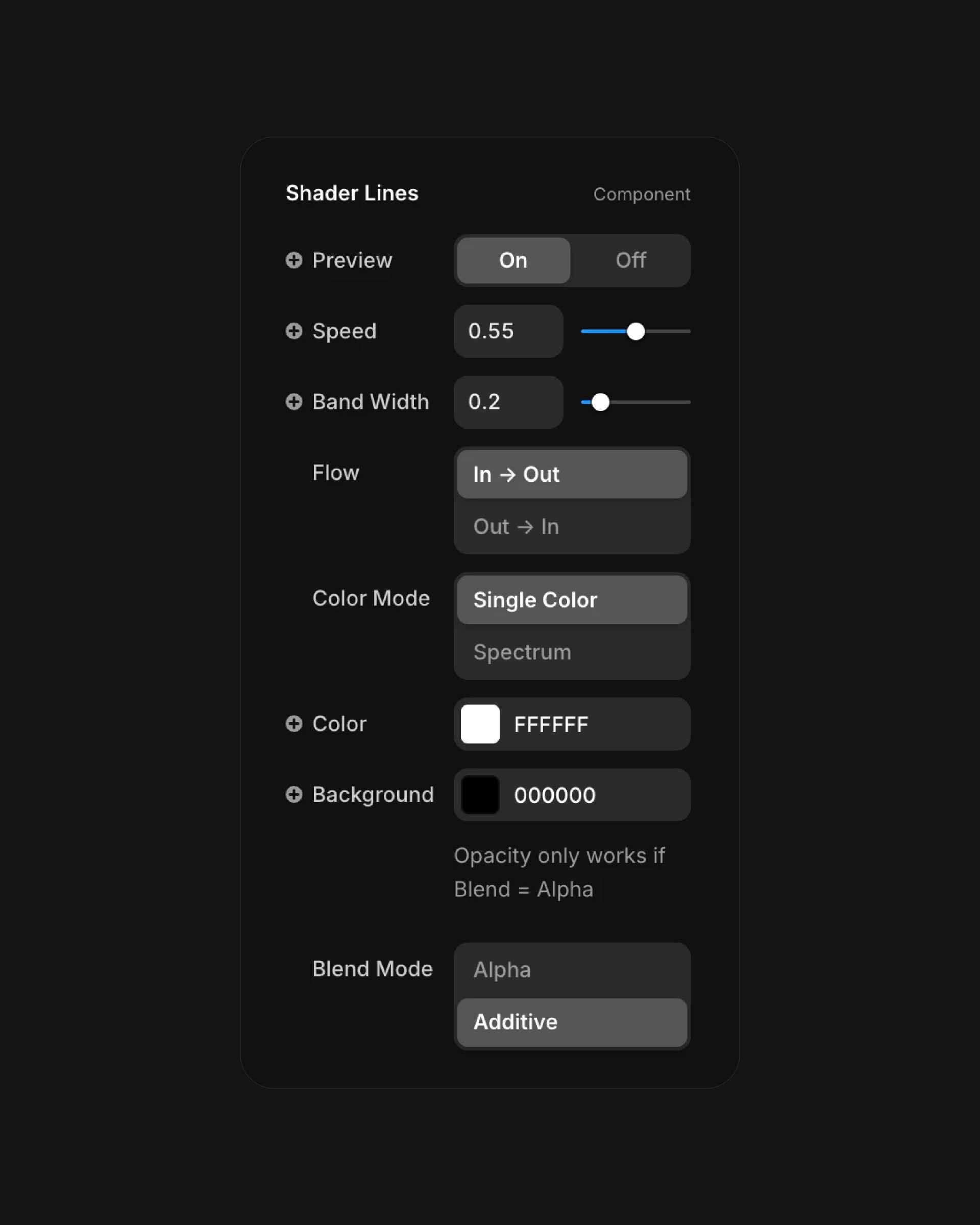 Control panel for customizing Shader Lines animation speed, color, and blend