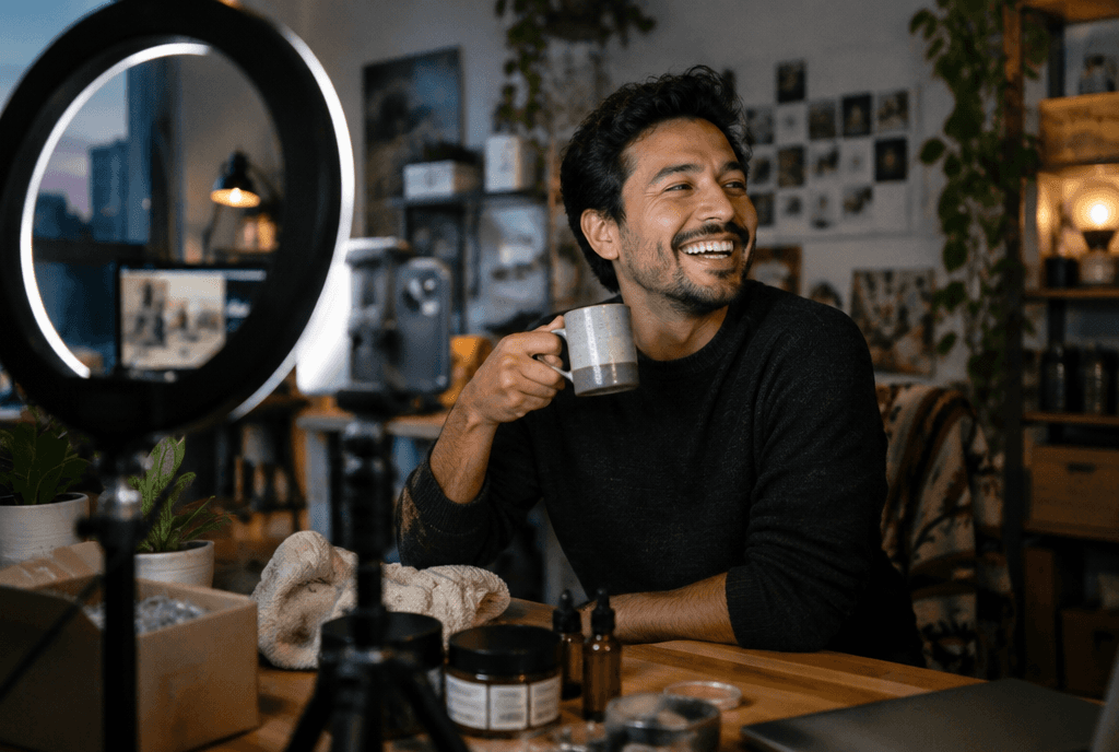 Small business owner laughing during a break while filming product videos for TikTok