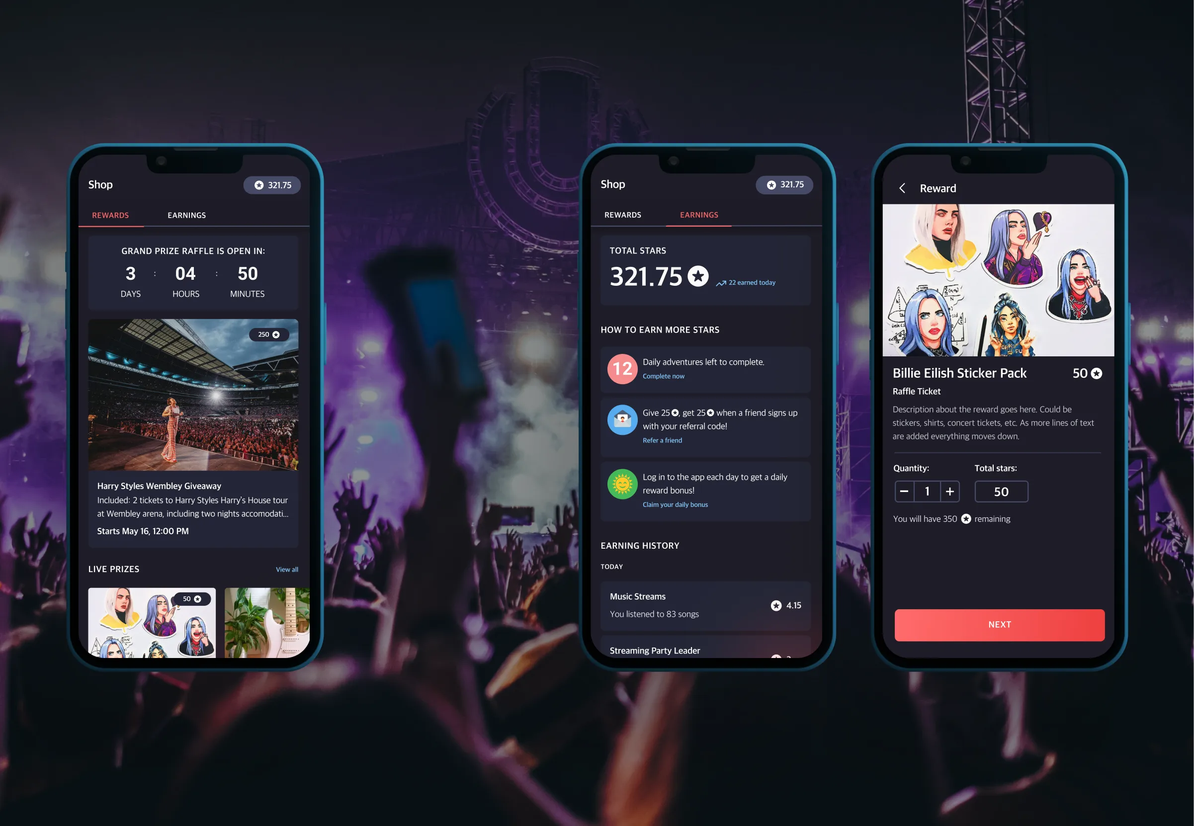 Shop section of the app featuring rewards and buying raffle tickets