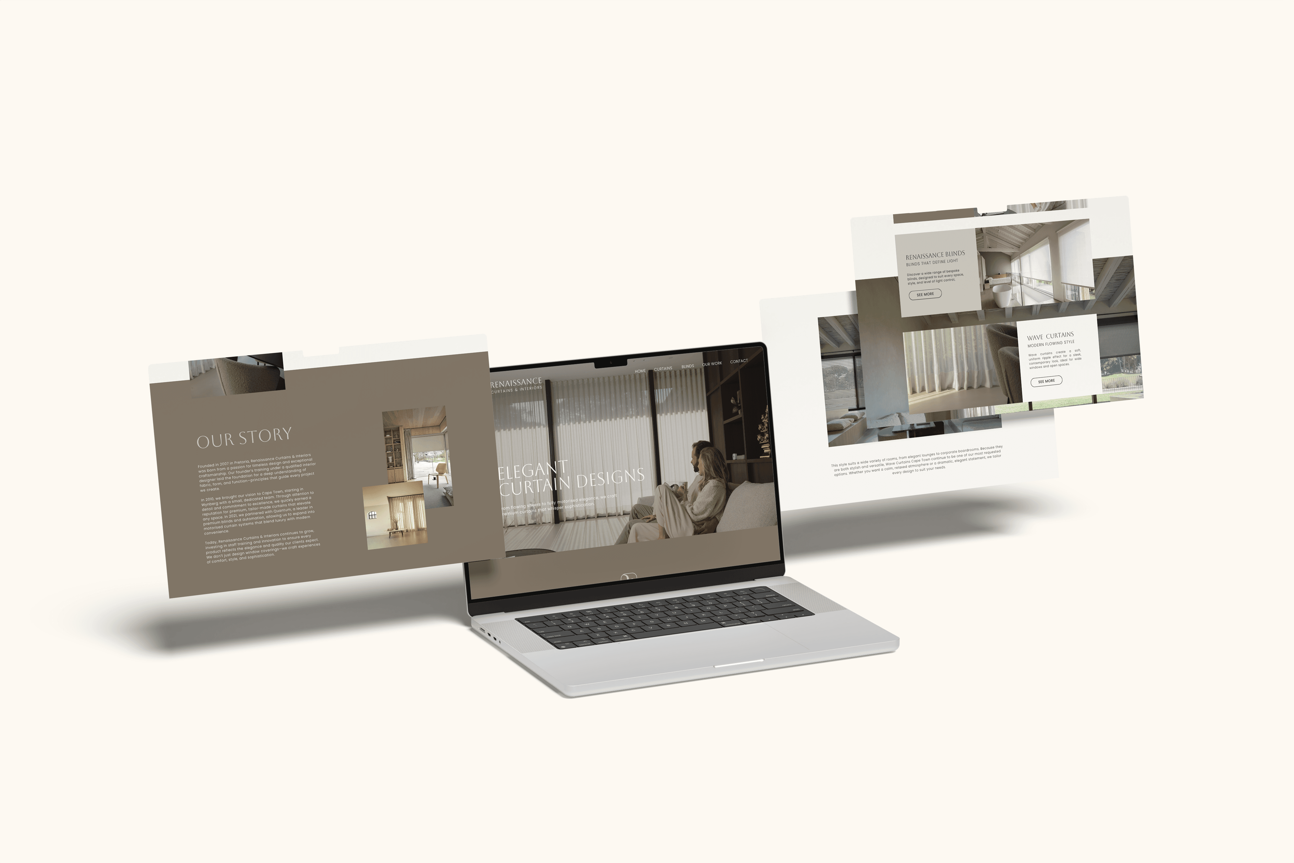A full website built to feel like the inside of a well-designed home. Renaissance Curtains needed more than a product catalogue. They needed a digital space that reflected the warmth and intentionality of interior design itself. The result is a layout that moves like a narrative, personal in tone, considered in structure, and visually aligned with the lifestyle it is selling.
