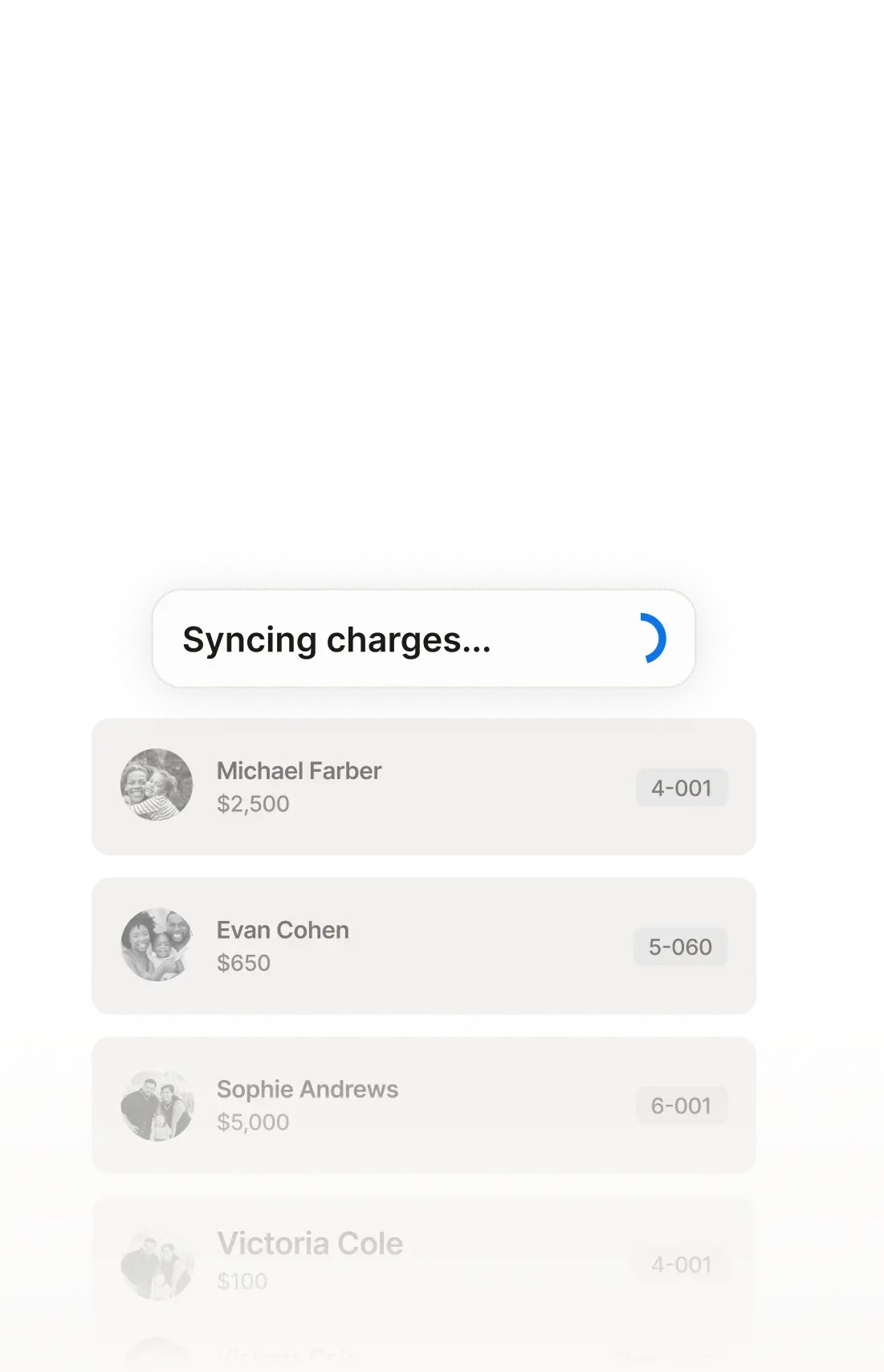 Payment charges for multiple students with a syncing charges button loading above it