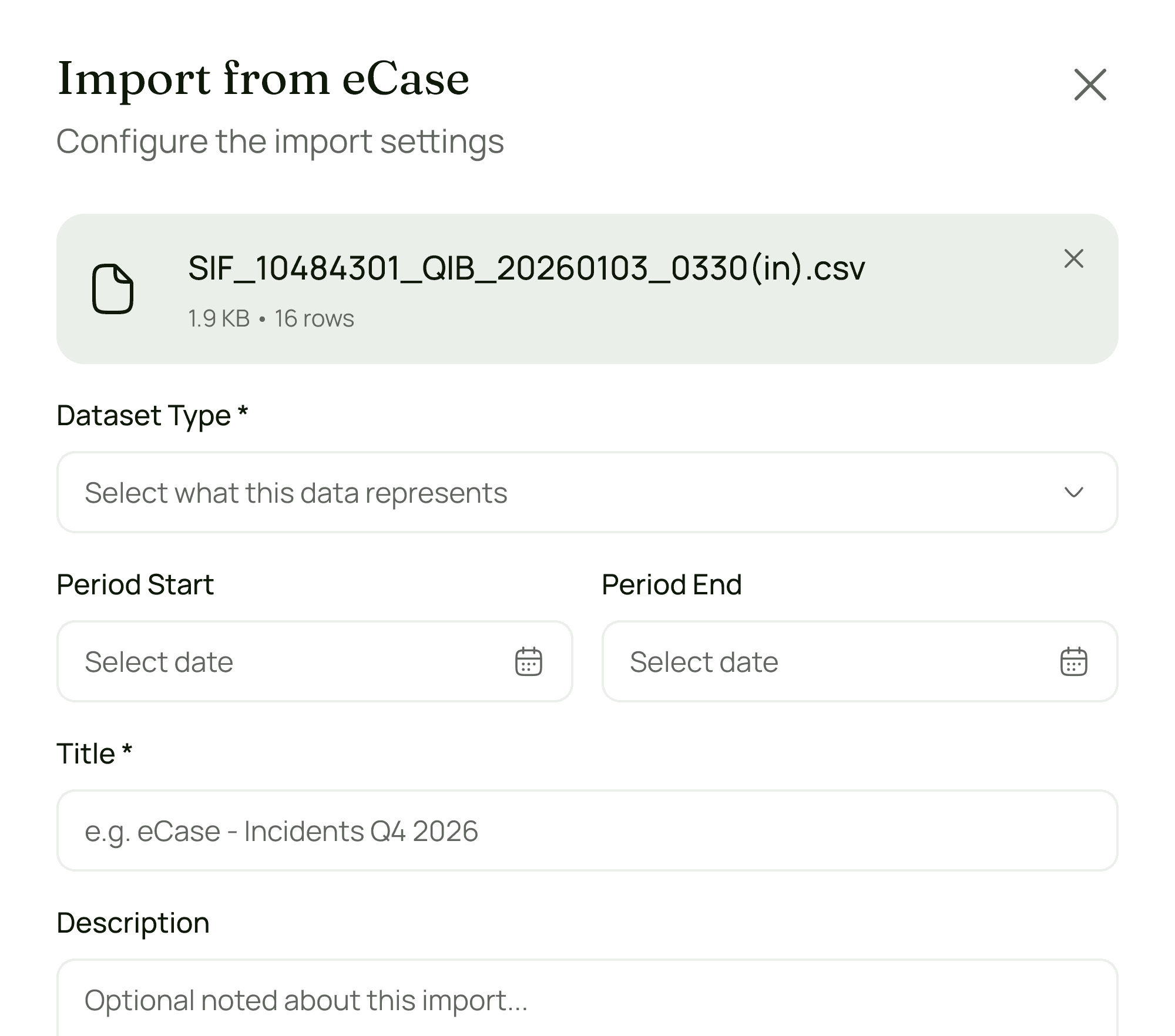 Data import interface showing CSV upload and configuration for external evidence integration