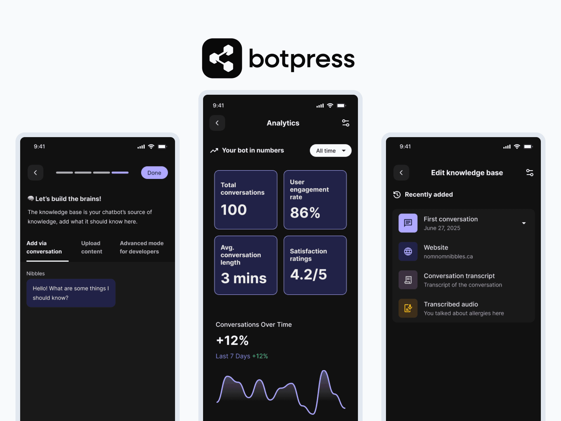 Three screens for an AI agent making platform