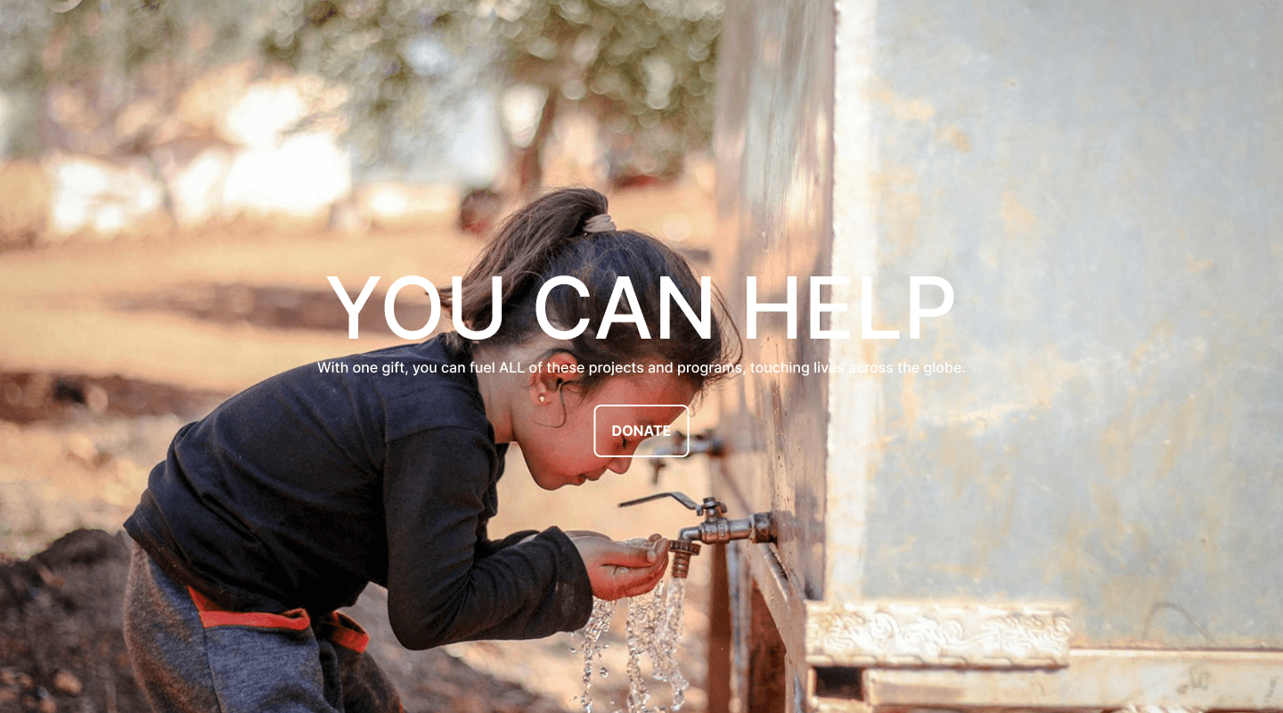 Low-contrast donation message placed over a photo of a child at a water tap.