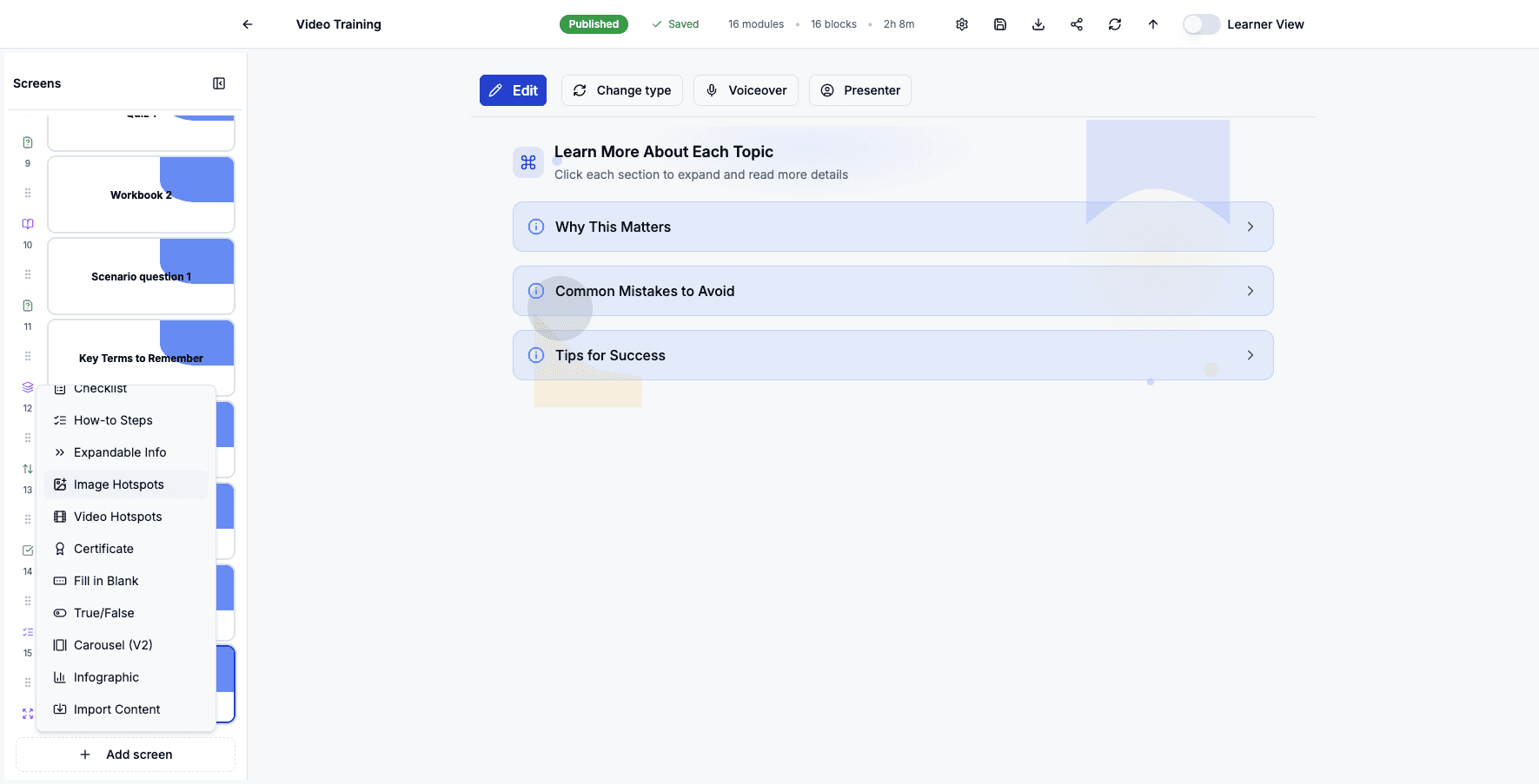 Select Image Hotspots to add interactive images with clickable areas that reveal information.