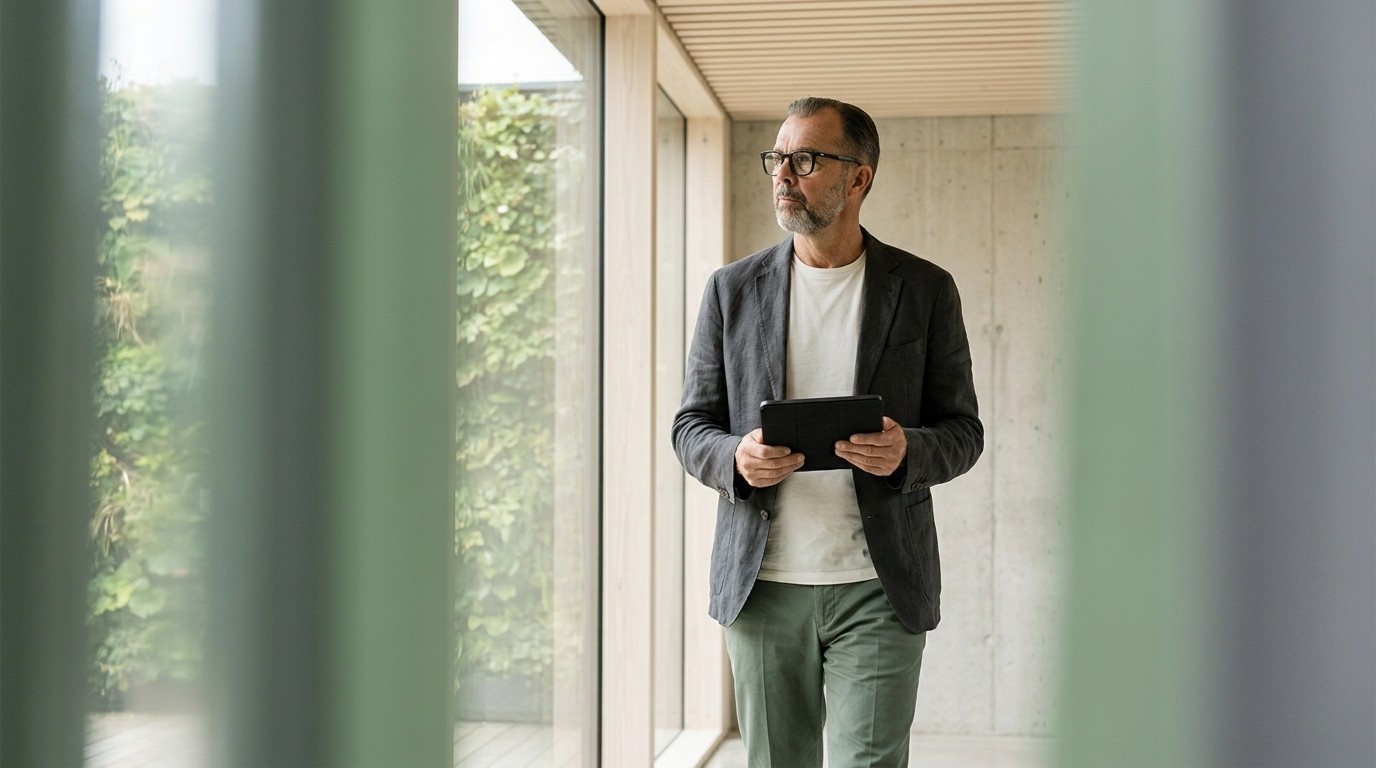 Man in a grey blazer holding a tablet, walking past a green living wall in a modern office
