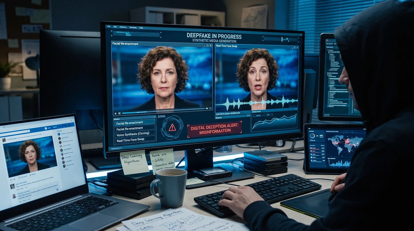AI-generated deepfake misinformation concept showing synthetic media and digital deception