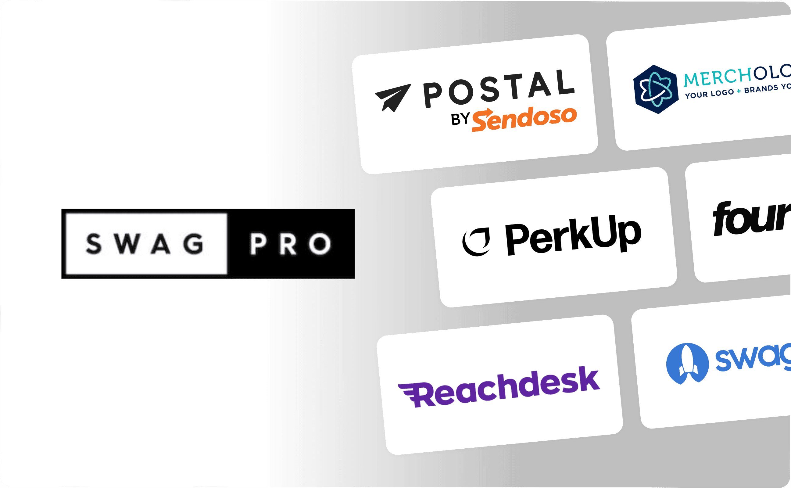 A logo of Swag Pro (previously Printfection). Beside it, logos of Postal, Merchology, PerkUp, Fourthwall, Reachdesk, and SwagUp are also listed.