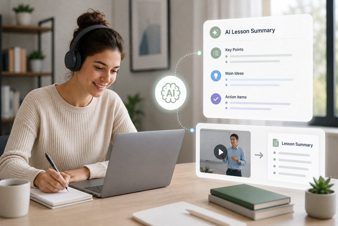 Student reviewing AI-generated lesson notes and summaries from an online tutoring session