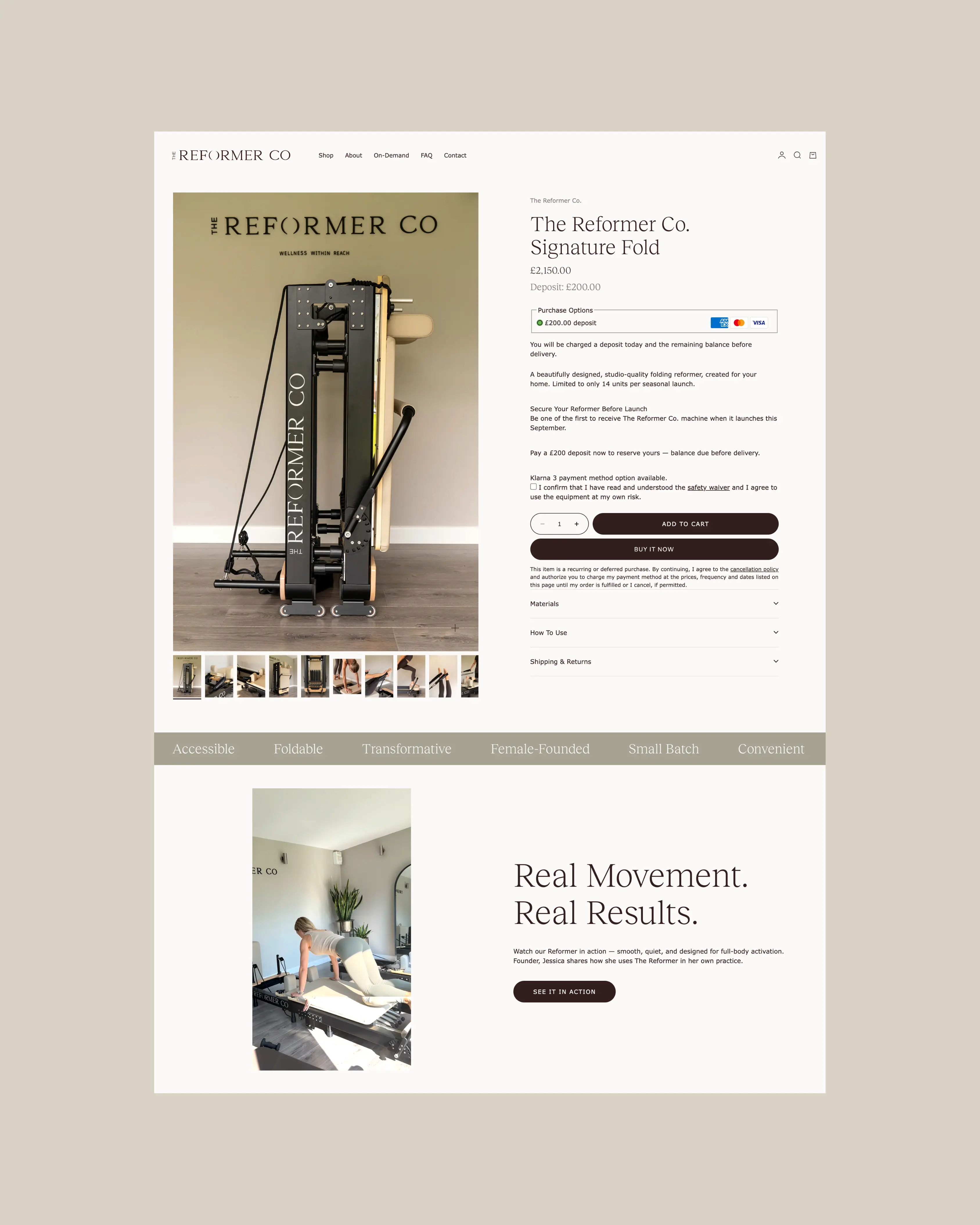 The Reformer Co. website Product page showcasing the brand's visual identity.