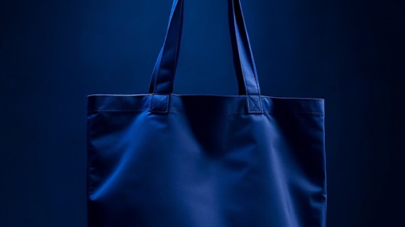 A blue tote bag displayed against a dark background, highlighting its color and design.