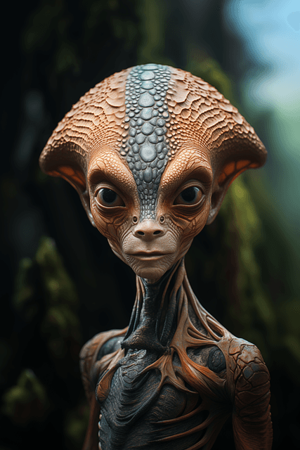 A sci-fi image portrait of an orange and grey reptile/human alien