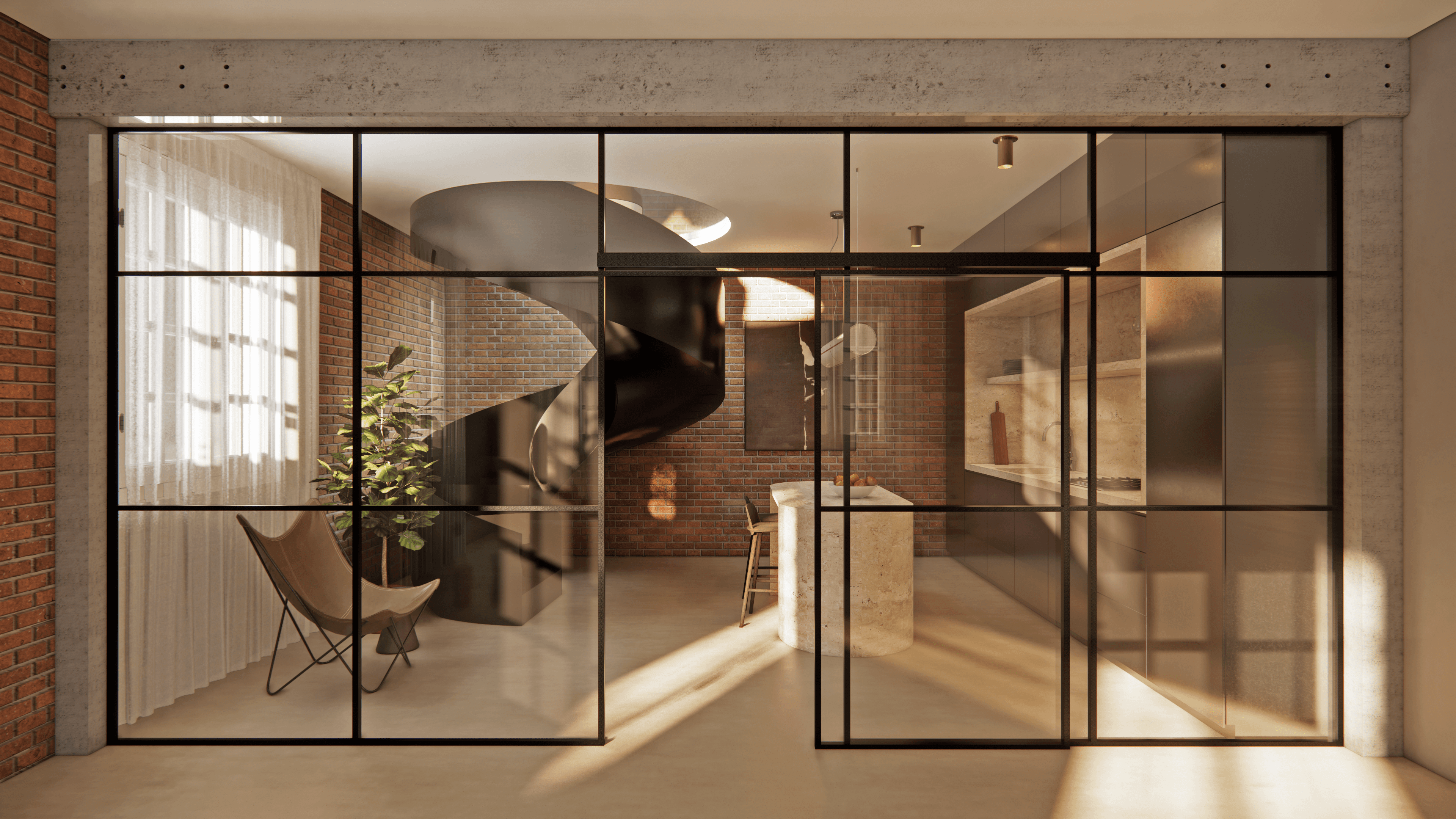 Modern loft with brick wall and stainless steel kitchen and travertine island