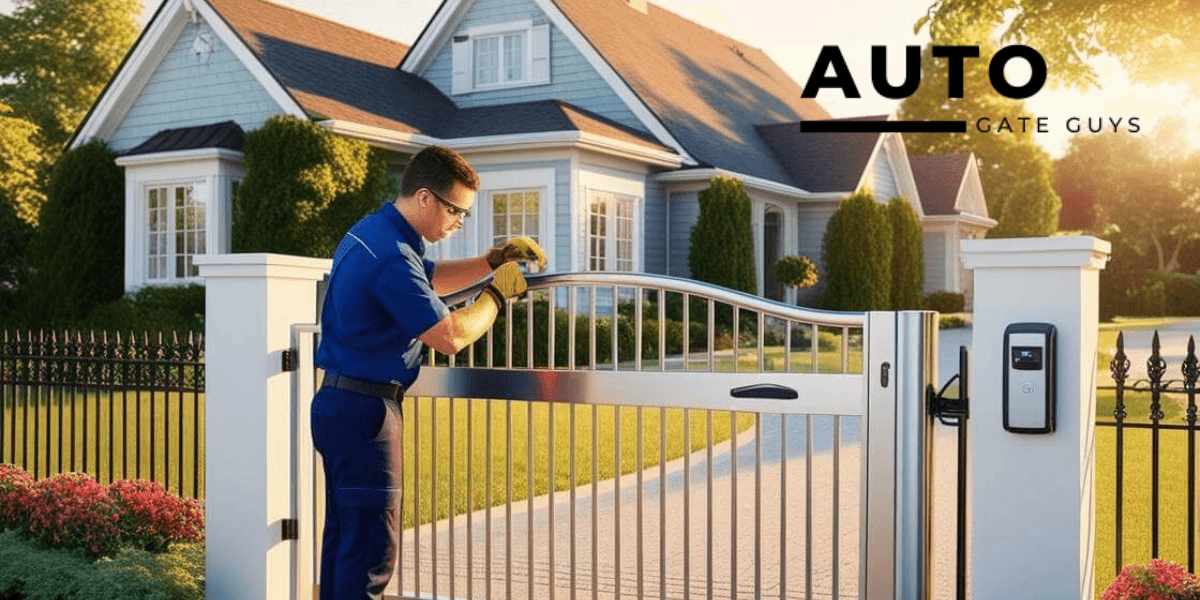 "Technician from Auto Gate Guys Sydney installing a custom electric gate, showcasing the company’s expertise in residential security solutions."