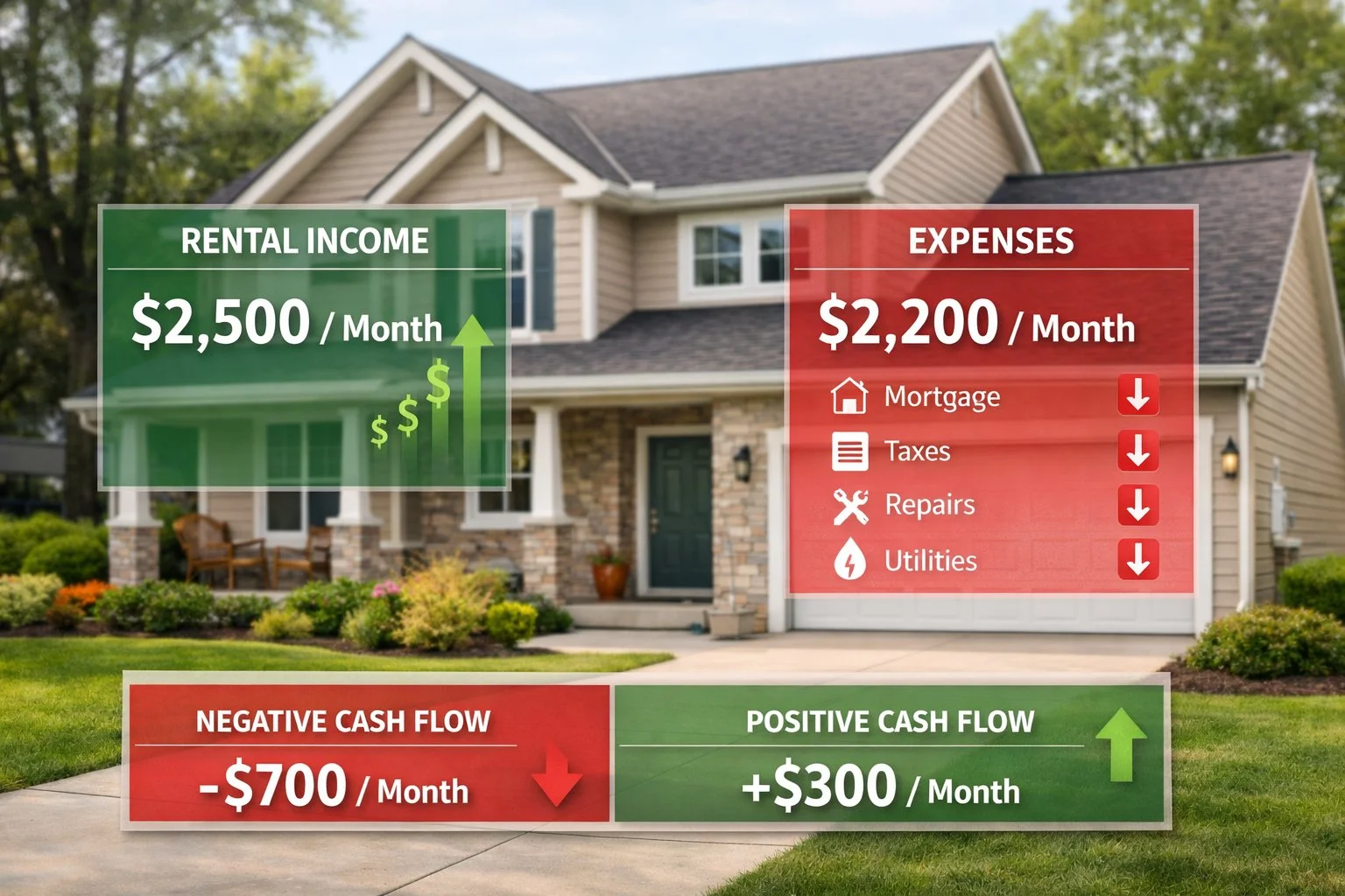 Close-up of a rental property with overlays showing incoming rent, outgoing expenses, and net positive or negative cash flow indicators.
