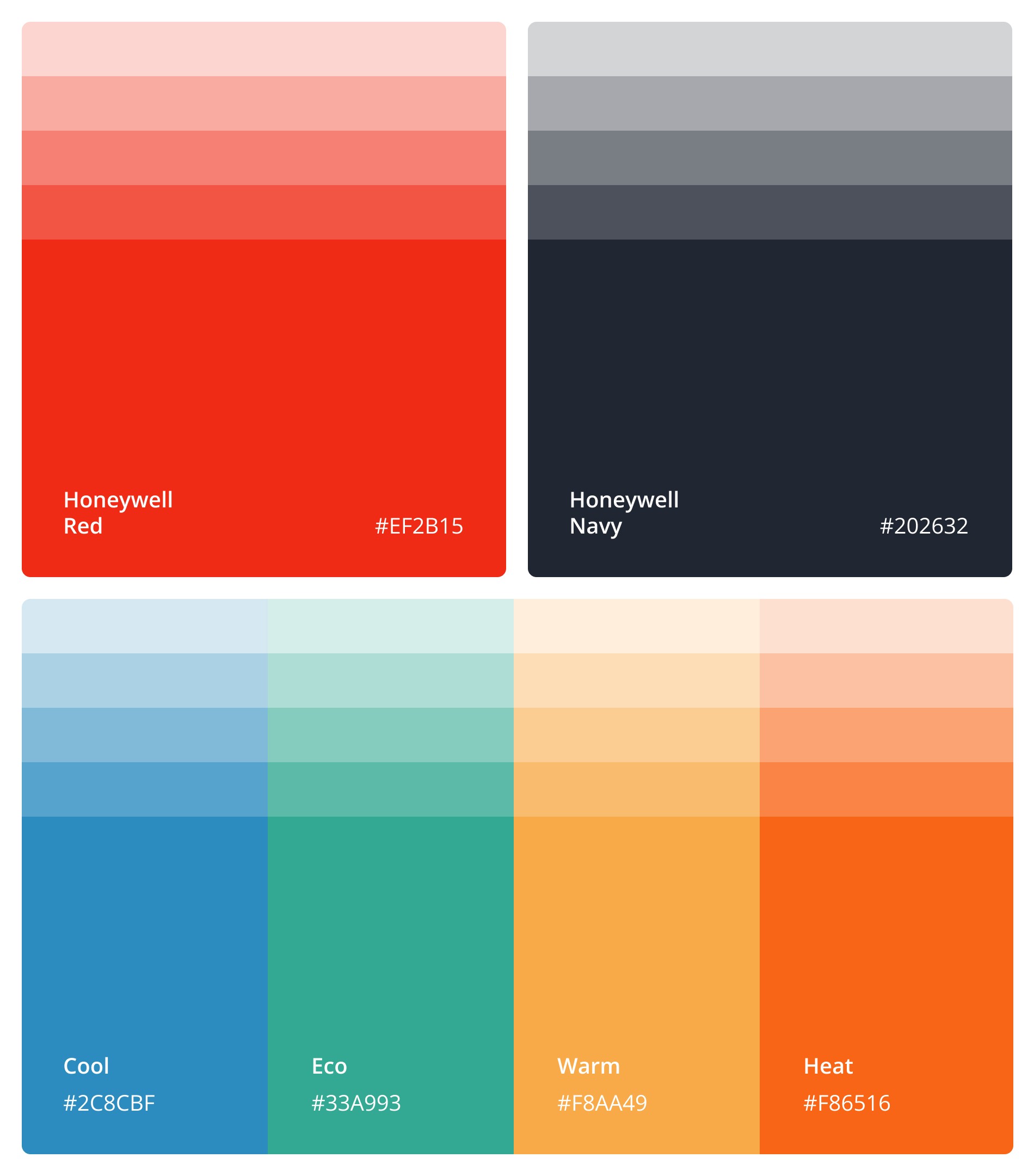 Honeywell brand colour palette including red, navy, eco, cool, warm and heat tones