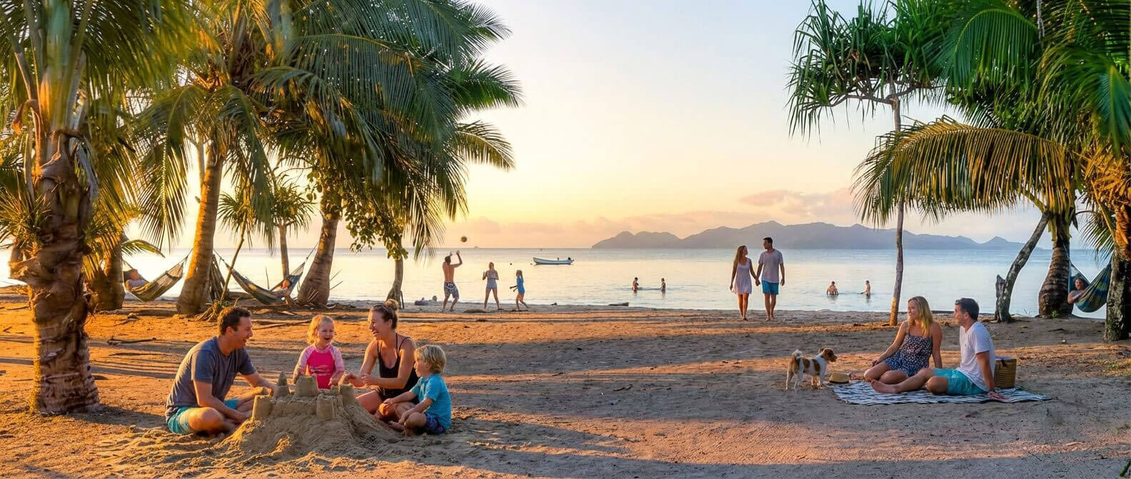 A golden hour image of groups of friends and families near beach around palm trees in Fiji