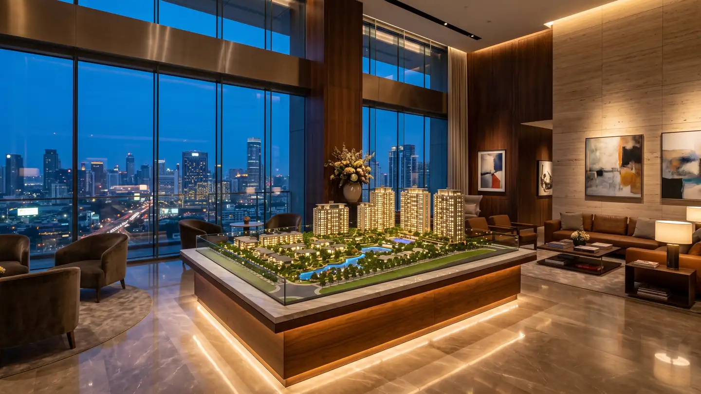 Illuminated scale model in a real estate sales gallery, pre-sale real estate marketing by TERAMOK