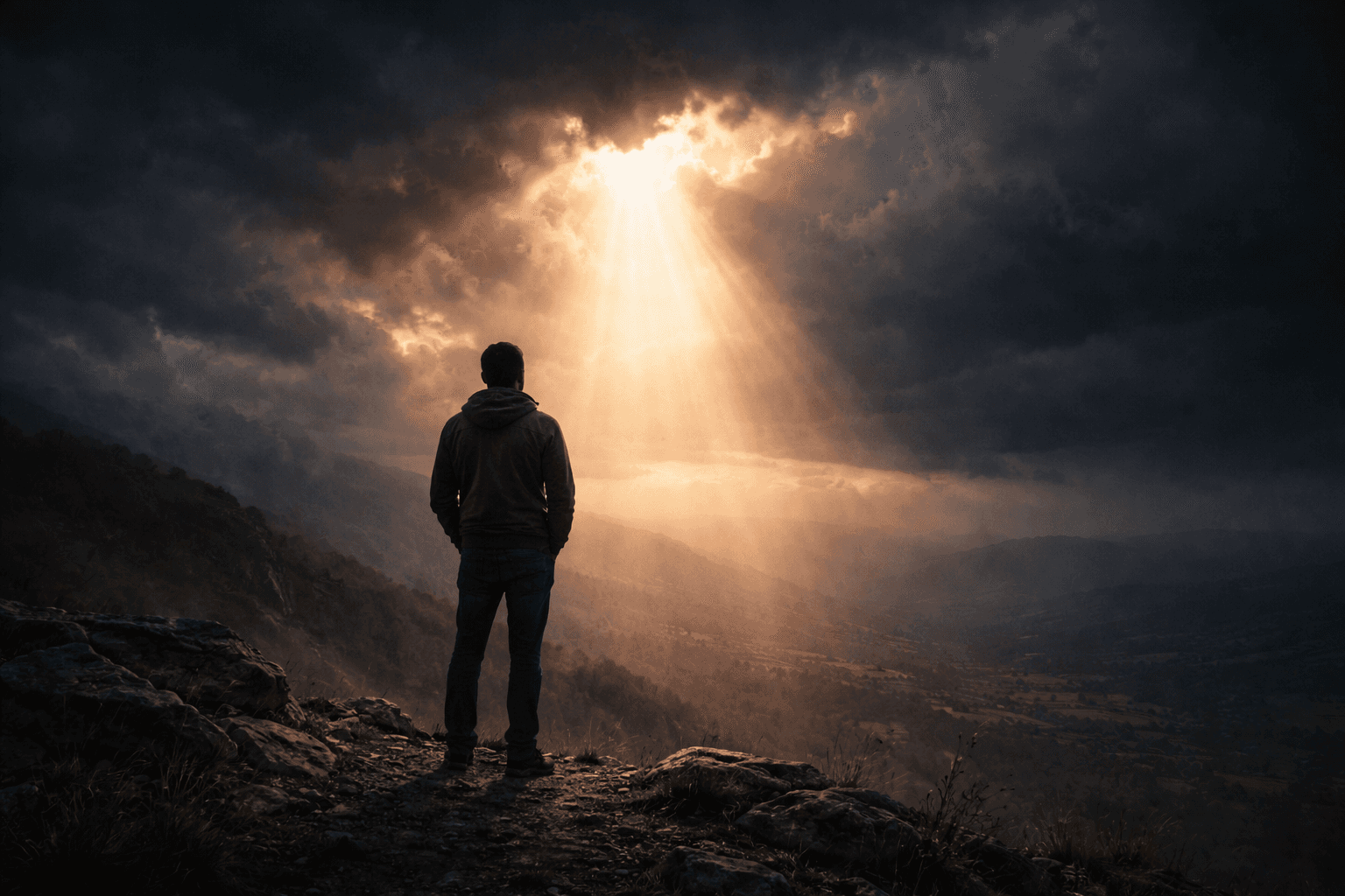 Cinematic image of a lone man standing beneath a beam of light breaking through dark clouds, symbolising an honest search for whether God is real