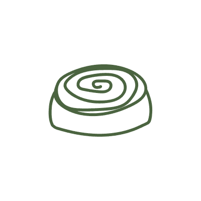 A stylized line drawing of a cinnamon roll or spiral pastry viewed from above, showing the characteristic swirl pattern, rendered in olive green outlines