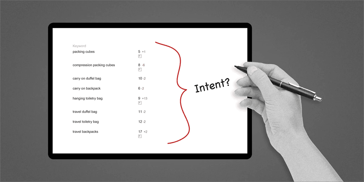 Keywords listed on a screen with "intent?" written nearby by someone doing keyword analysis.