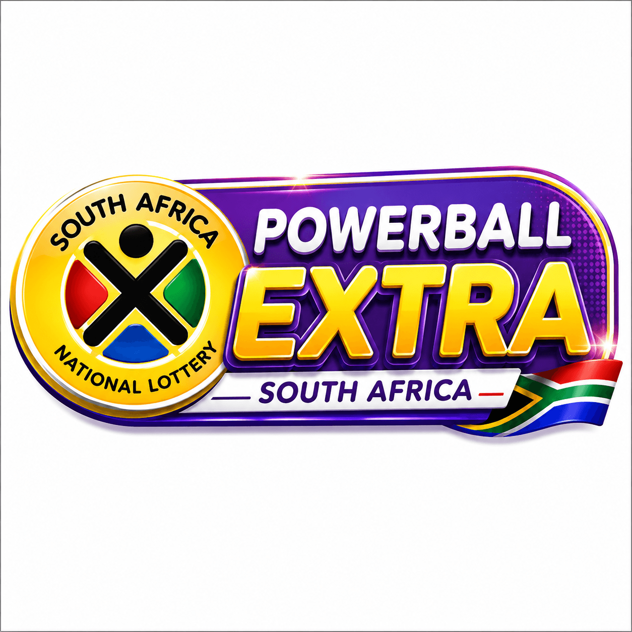 South Africa PowerBall EXTRA lottery logo featuring a purple and gold design with National Lottery branding, centered on a white background with wide margins. The image includes the text “PowerBall EXTRA South Africa” and South African flag colors, representing the South African PowerBall EXTRA lottery game.