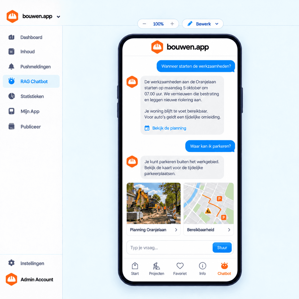 AI-chatbot in de bouwen.app-app beantwoordt een vraag van een bewoner