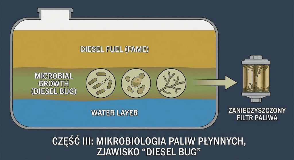 Schemat ukazujący zjawisko “Diesel Bug” w paliwie – warstwę wody, rozwój mikroorganizmów oraz ich wpływ na zatykanie filtrów paliwa w maszynach rolniczych. Ilustracja objaśnia procesy biologicznej degradacji oleju napędowego z dodatkiem FAME i ryzyka związane z długim przechowywaniem paliwa.