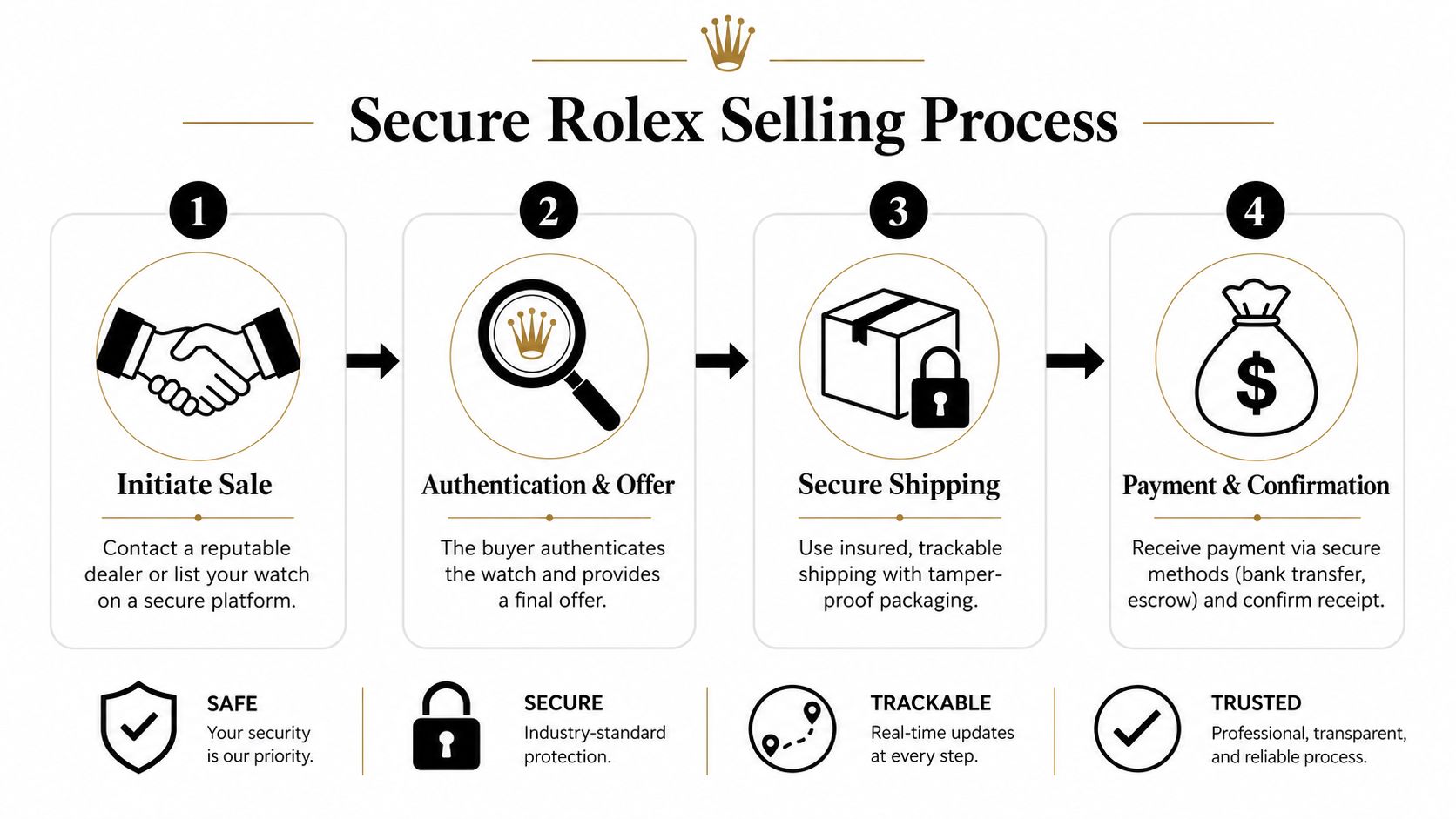 A four-step infographic illustrating the secure process for selling a pre-owned Rolex watch to a reputable dealer.