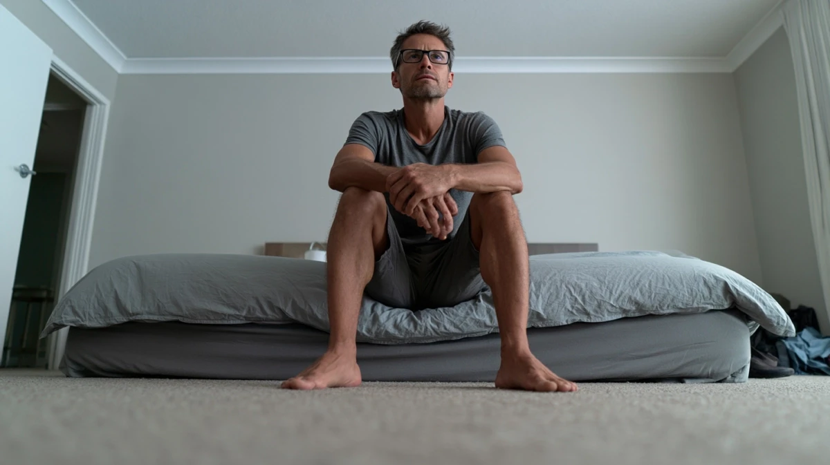 A man sitting with both feet flat on the floor, gazing into the room after stopping an exercise.