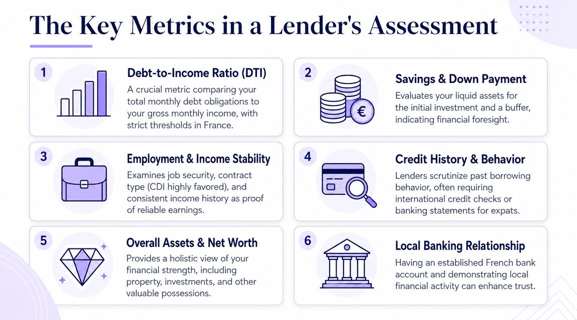An infographic titled The Key Metrics in a Lender's Assessment outlining six essential financial factors for loan applicants.