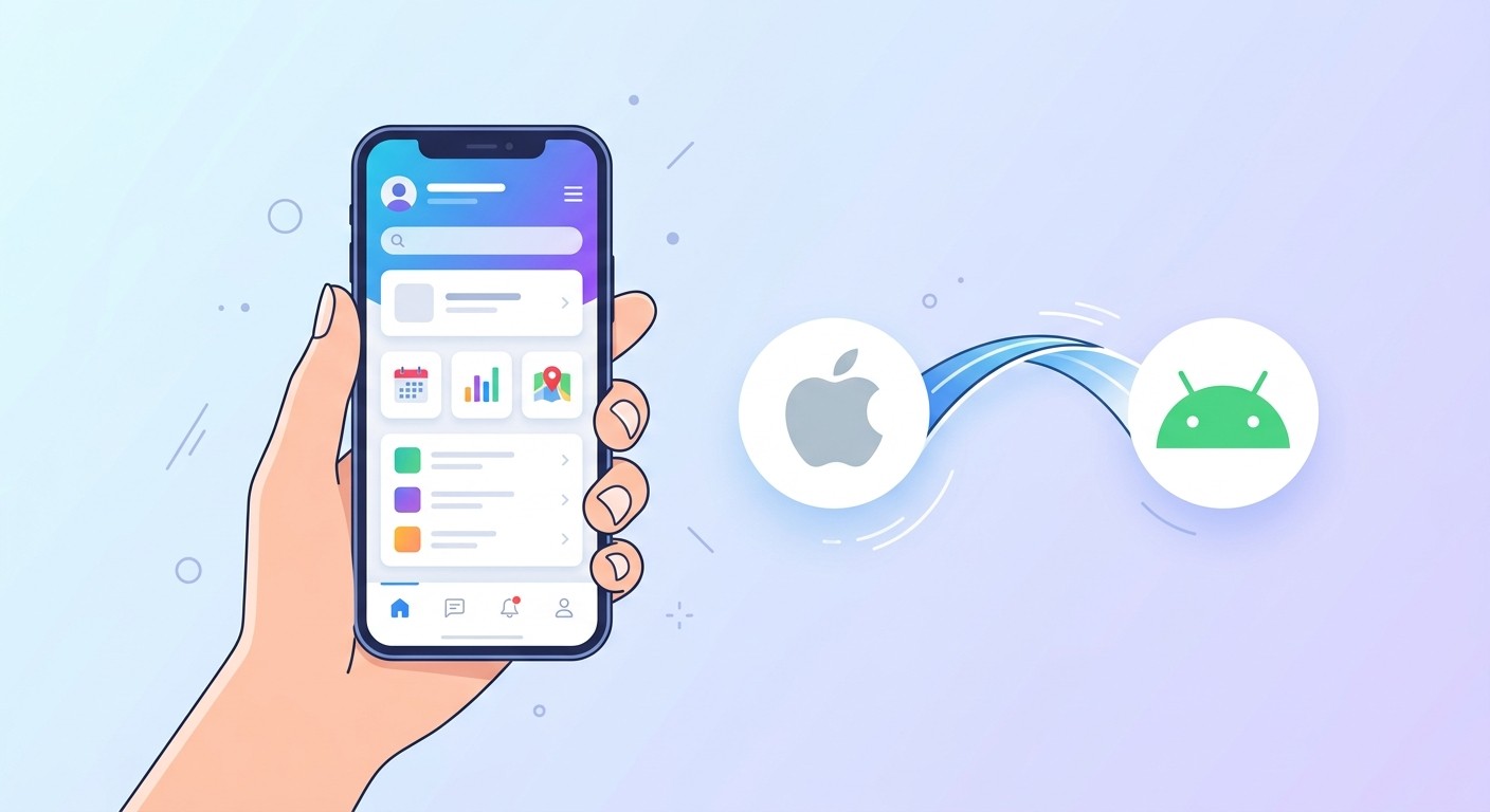 Hand holding a phone displaying a native app, with iOS and Android icons connected by a bridge