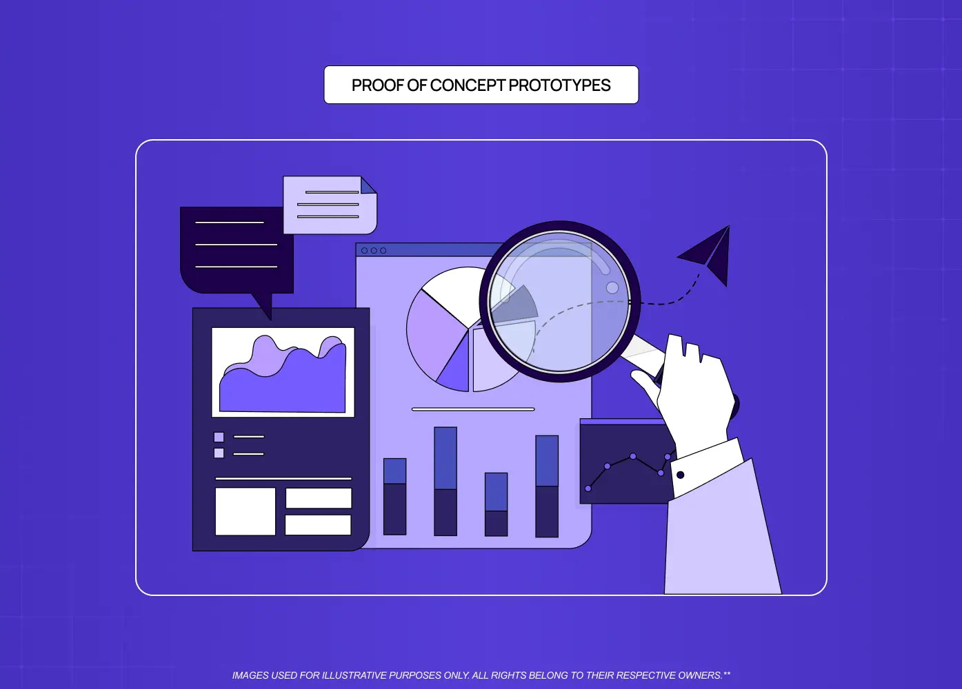 Illustration of charts, analytics, and a magnifying glass representing validation of a core product idea or technical feasibility.