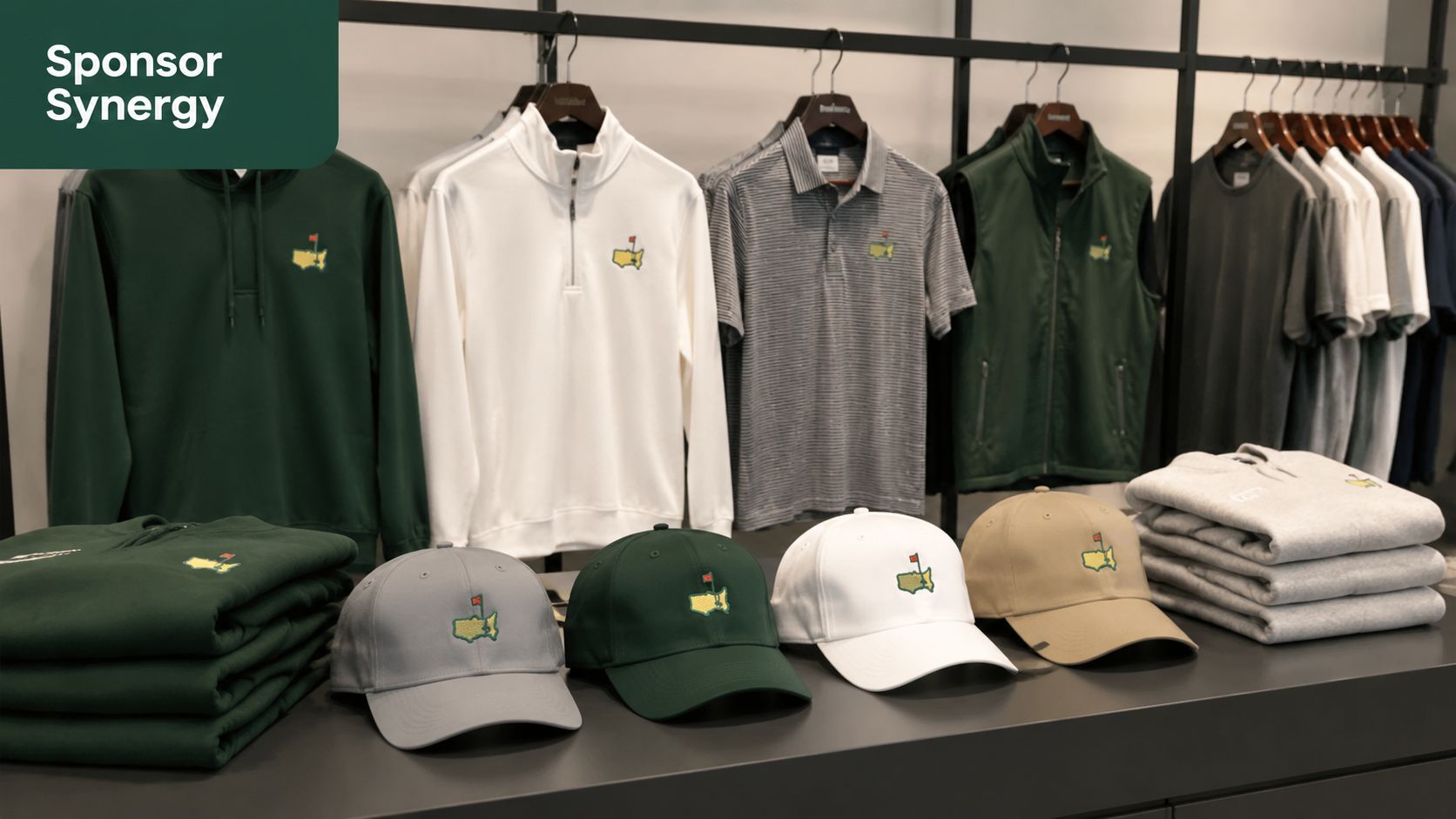 Retail display featuring apparel and hats branded with the iconic Masters golf tournament course map logo.