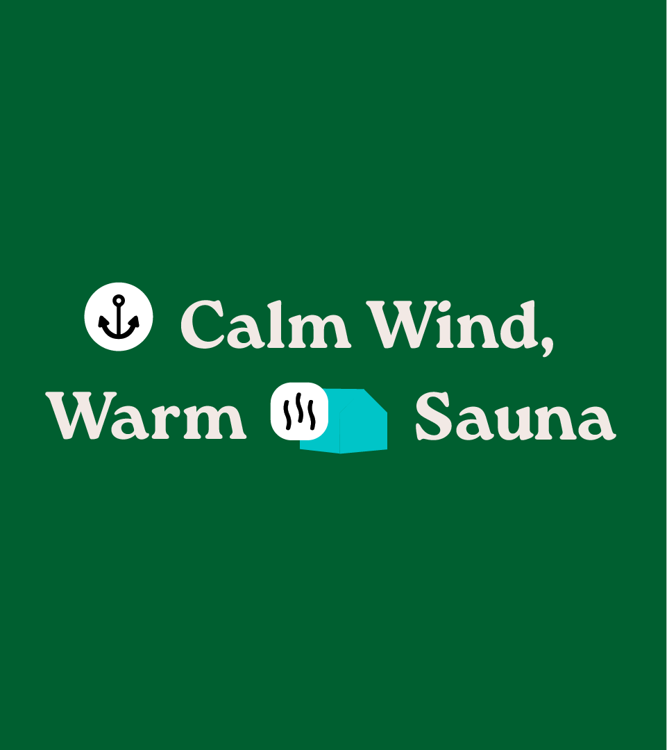 Minimalist social media graphic for Elisaari featuring a warm sauna icon and anchor symbol with the headline "Calm Wind, Warm Sauna" in a premium serif typeface.