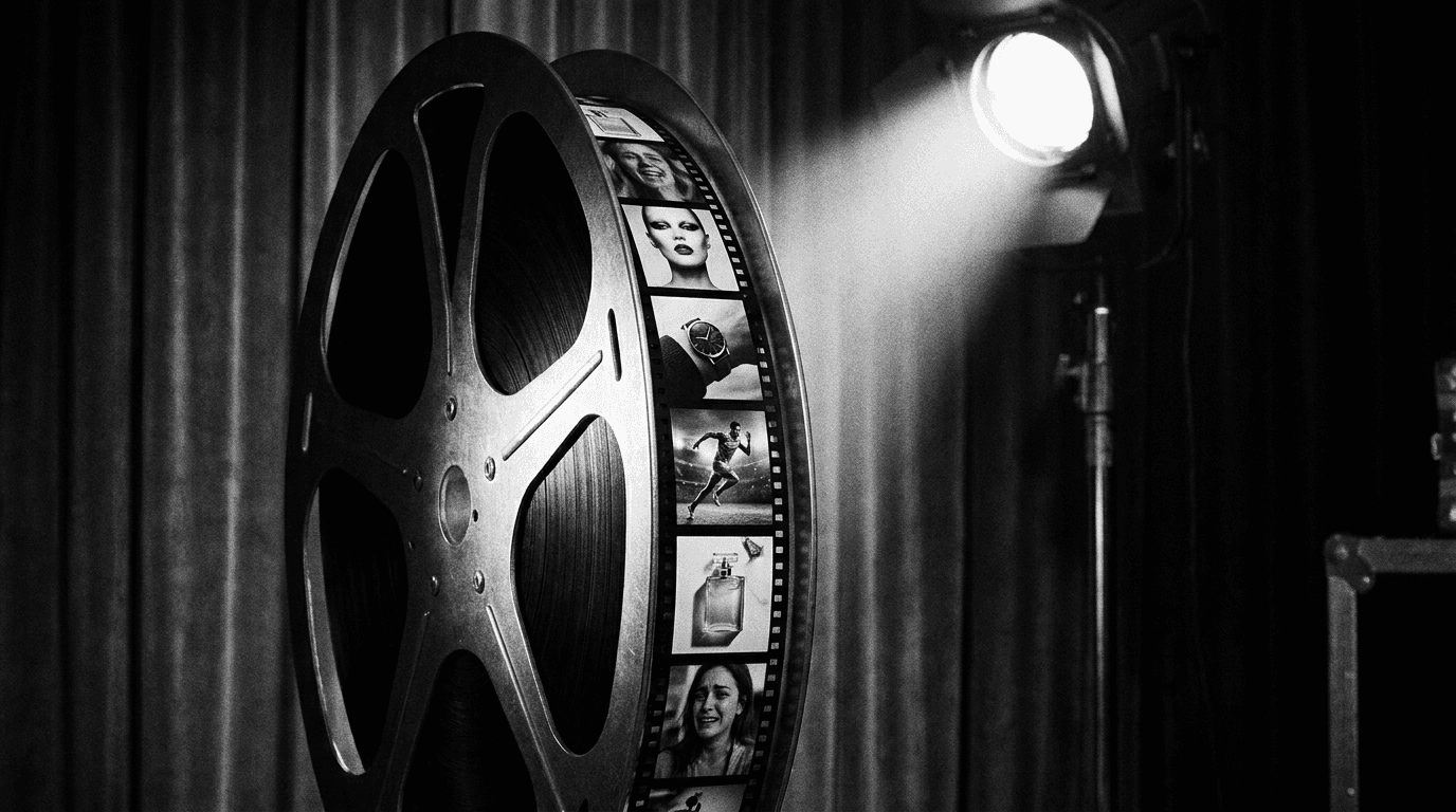 Black and white film reel of portrait style ad images across industries