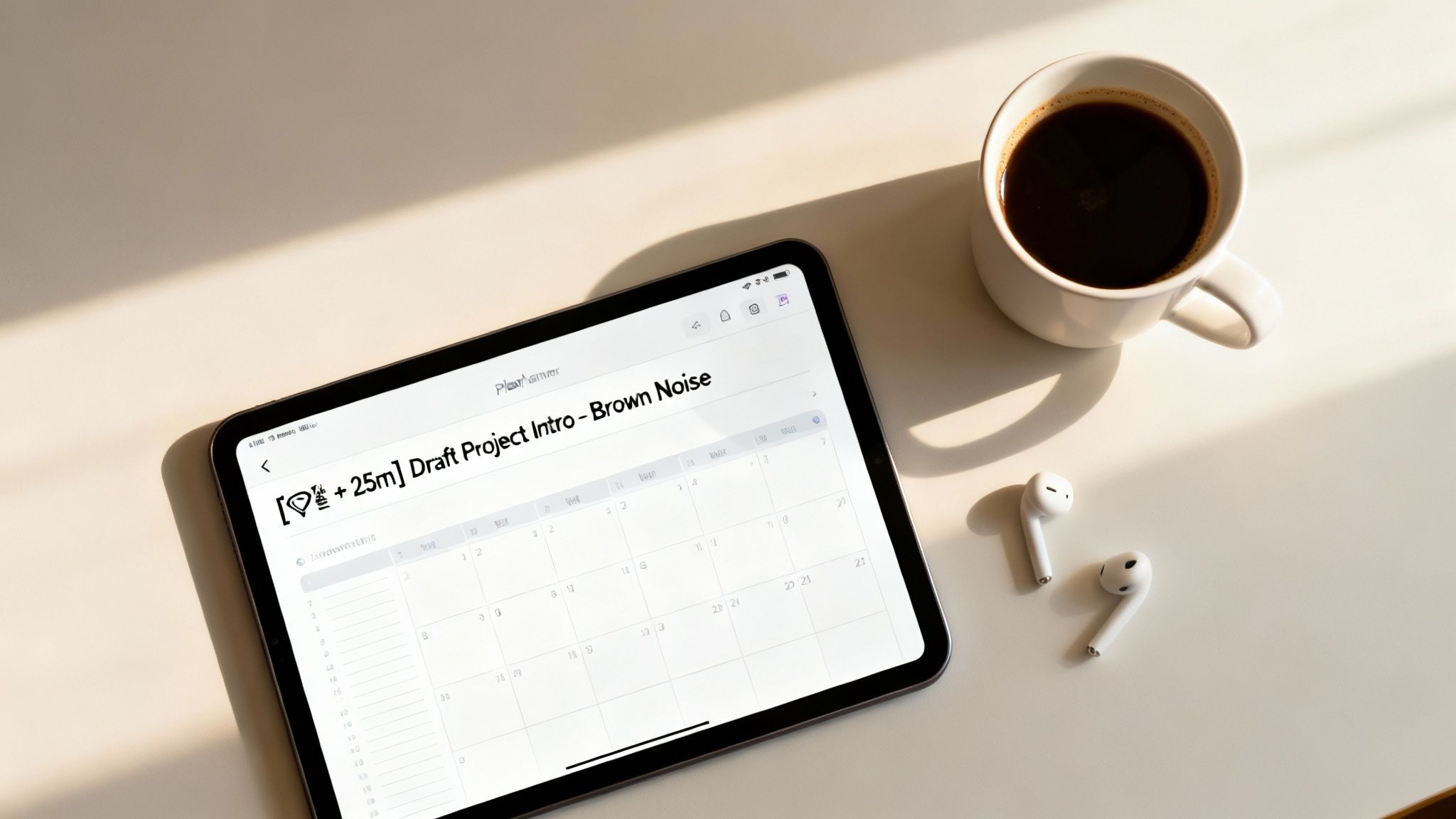 Tablet displaying brown noise project draft on desk with coffee and wireless earbuds for focus