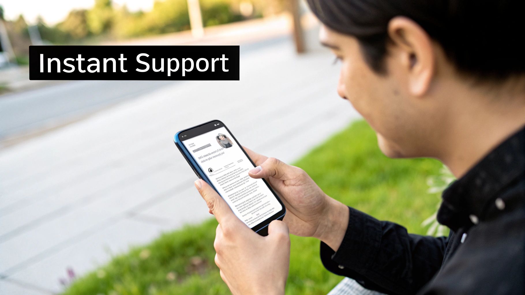 A person holding a smartphone outdoors, looking at 'Instant Support' displayed on the screen.