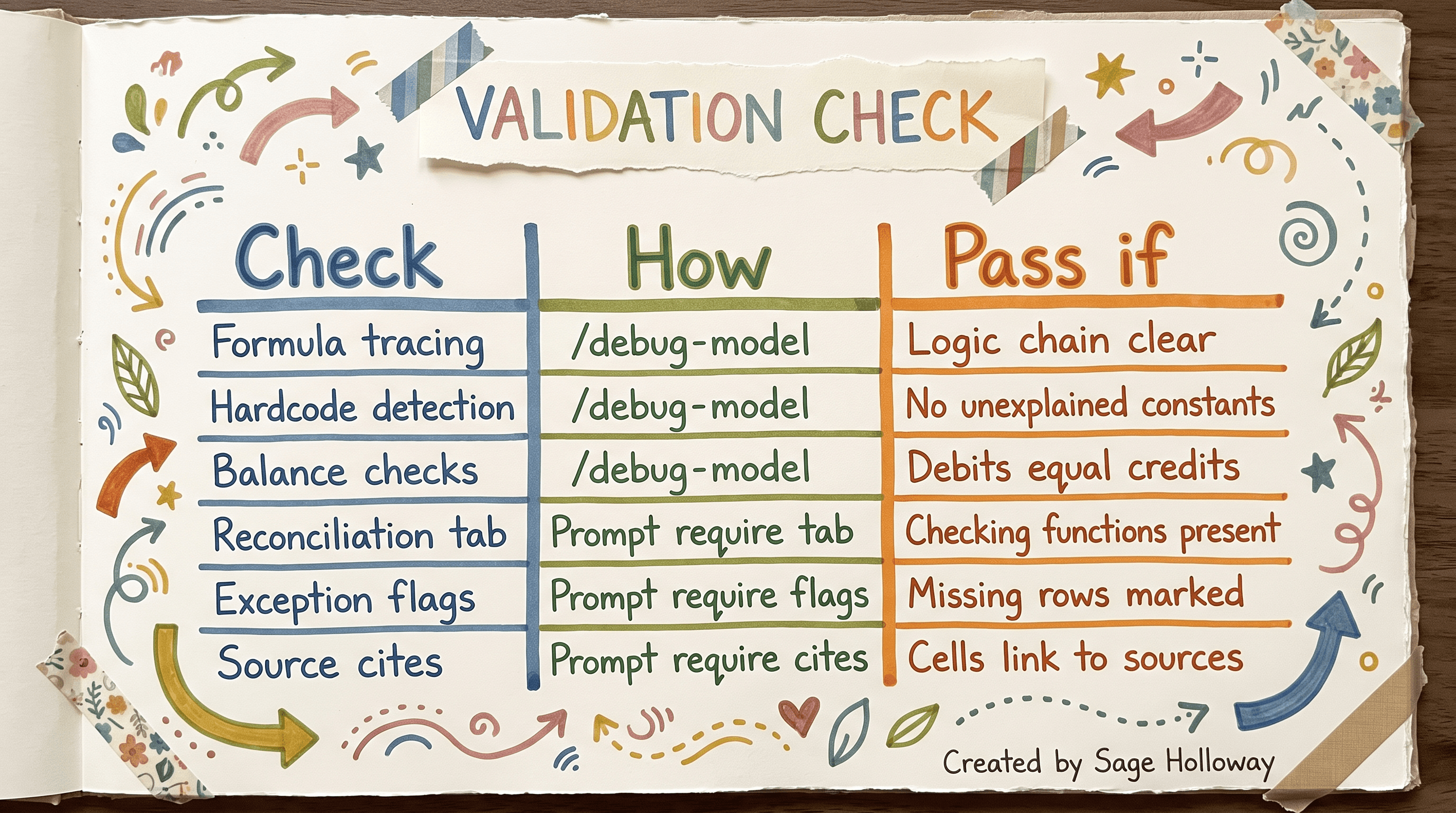 Checklist table for Claude financial analysis validation tabs including formula tracing and hardcode detection