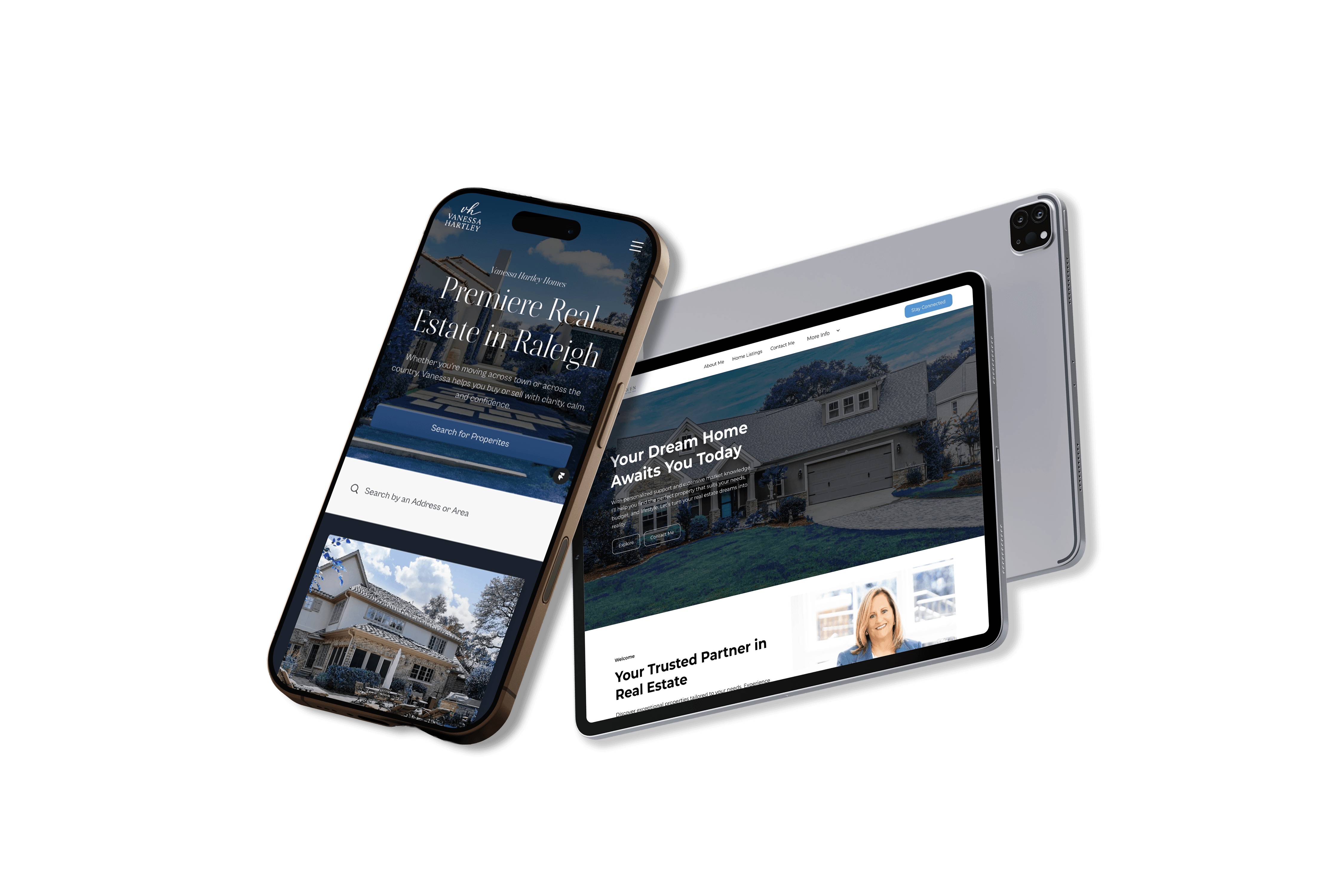 Landing page image of an iPhone and iPad with website demos on the screens. 