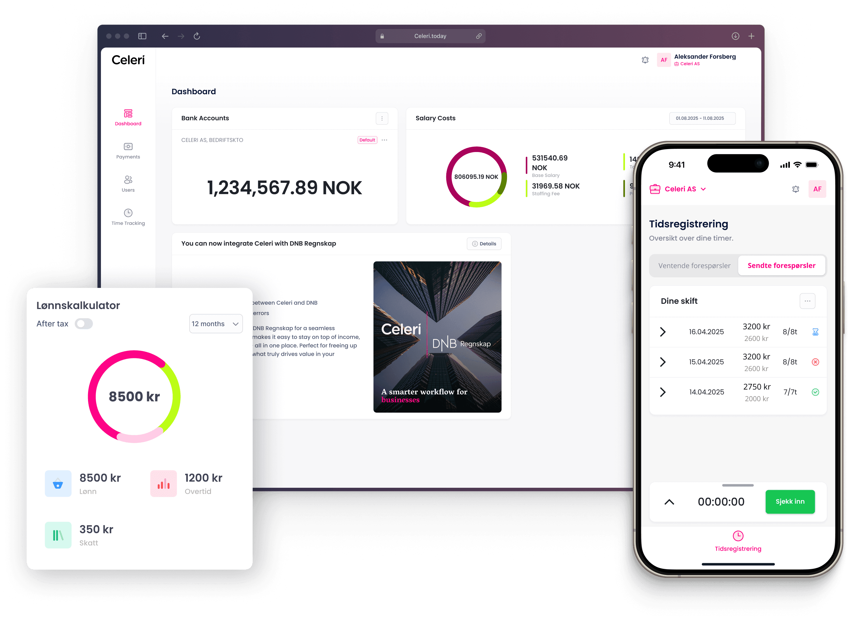 Smilende kaféansatt bærer to kaffekopper, med mobilapp og lønnskalkulator fra Celeri vist i forgrunnen, som viser timebetaling og sanntidslønn.