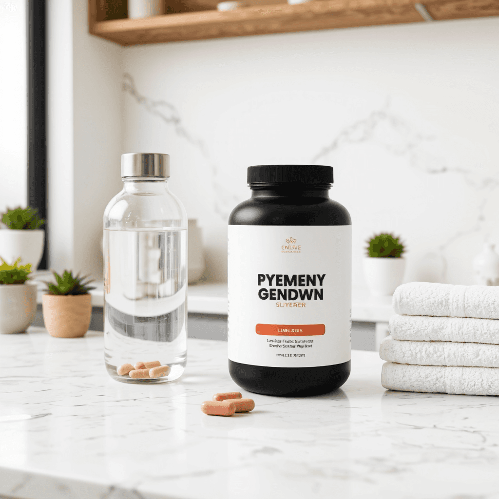 product photography of dietary supplement bottle with tablets