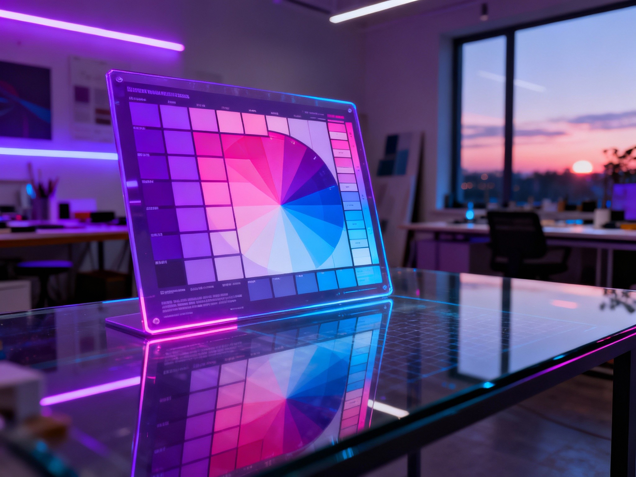 A vibrant digital rendering of a futuristic color mixing chart displayed on a sleek glass surface in